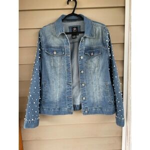 Women's ESY Studio EY Jeans Jacket Beaded pearls Sleeves Size m COTTON